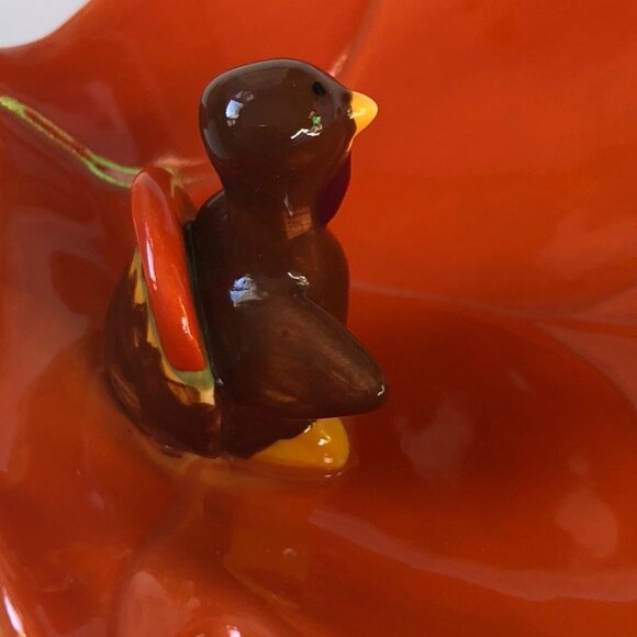 Russ, Adorable, Ceramic, Orange Leaf Trinket Dish with Small Turkey, appx 6"x7" - Picture 6 of 10